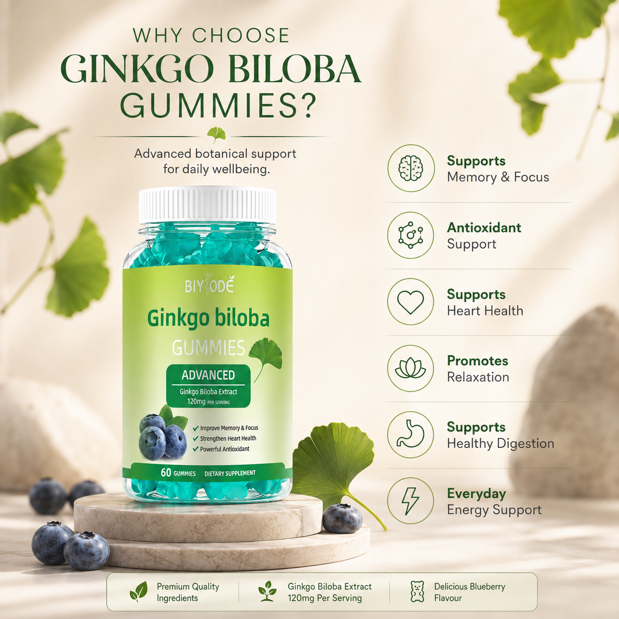 Fast Shipping Ready Stock Wholesale Herbal Supplements Ginkgo Biloba Gummies For Memory & Focus Support