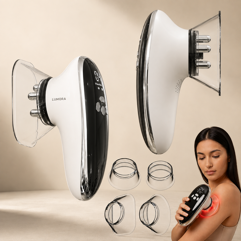 LUMORA body sculpting device with four cup attachments — premium studio image