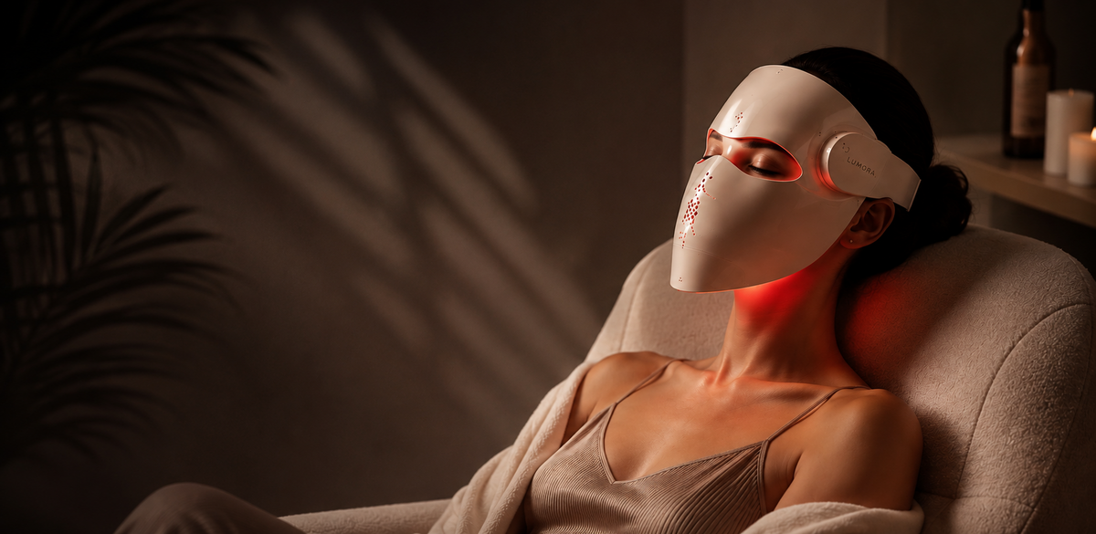 Woman relaxing with Lumora red light therapy mask