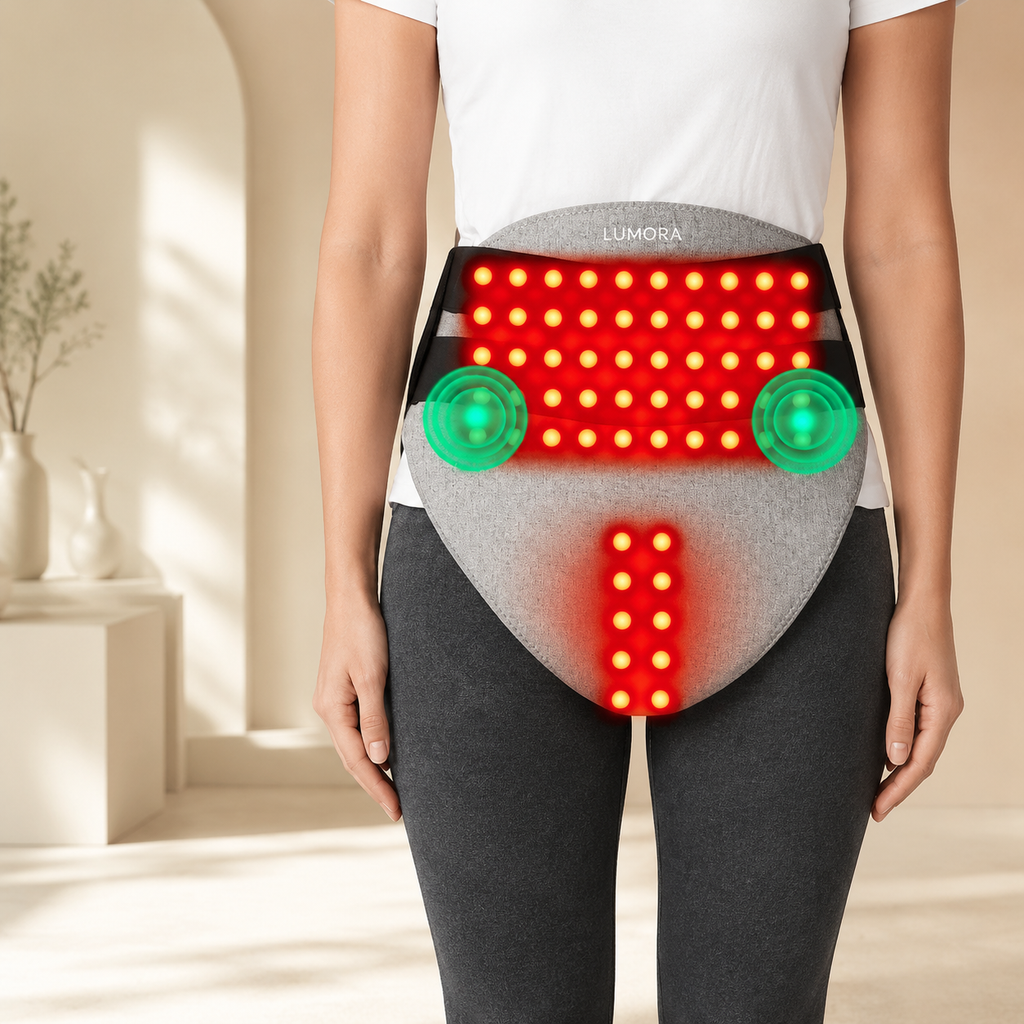 LUMORA hip and waist therapy belt with two abdominal massage modules