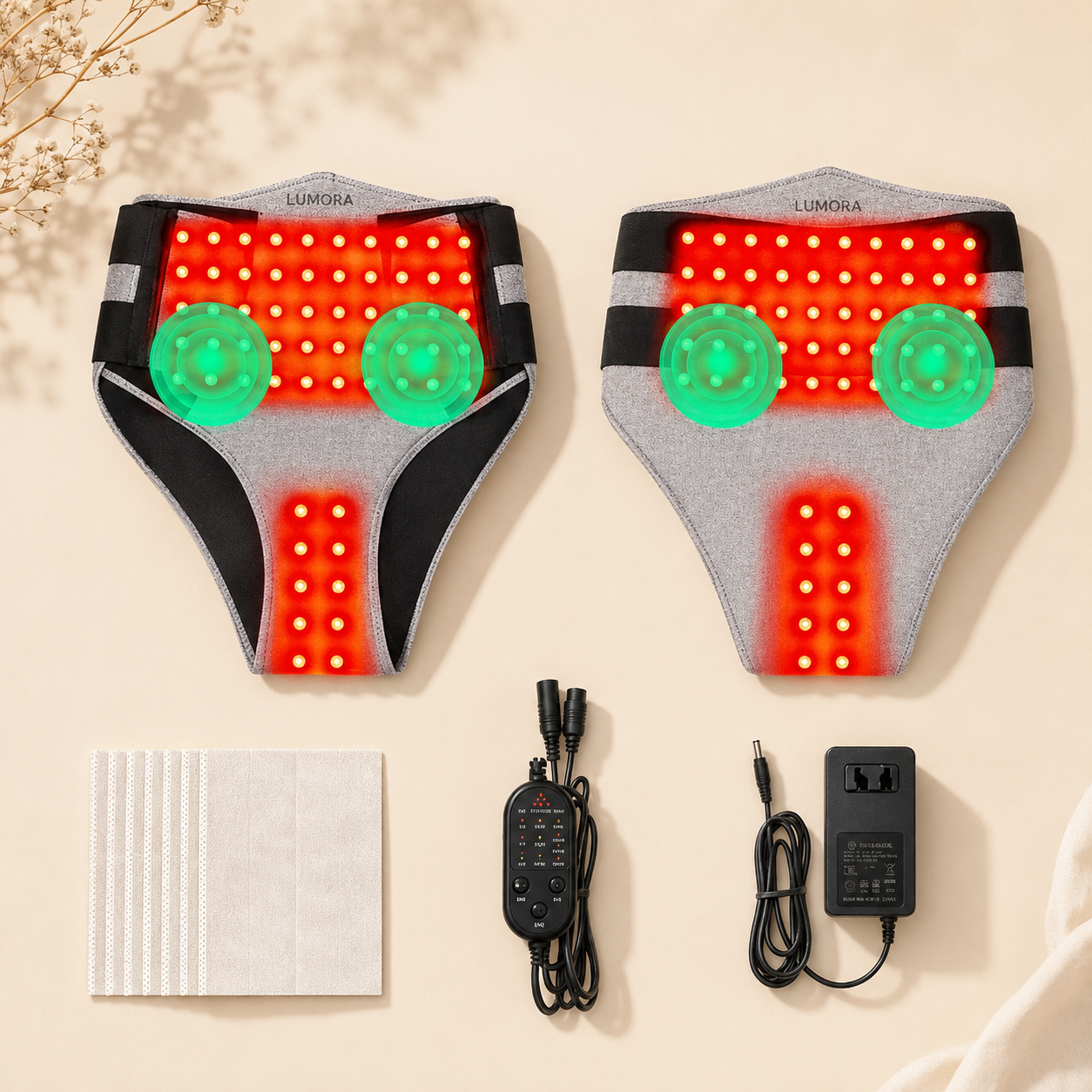 LUMORA hip and waist belt set with front and back massage modules