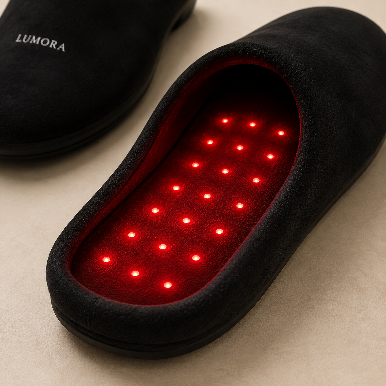 Close view of the red LED footbed inside a LUMORA HL12 therapy slipper