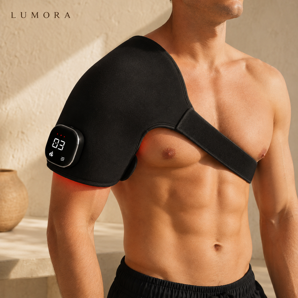 LUMORA infrared therapy wrap worn on shoulder