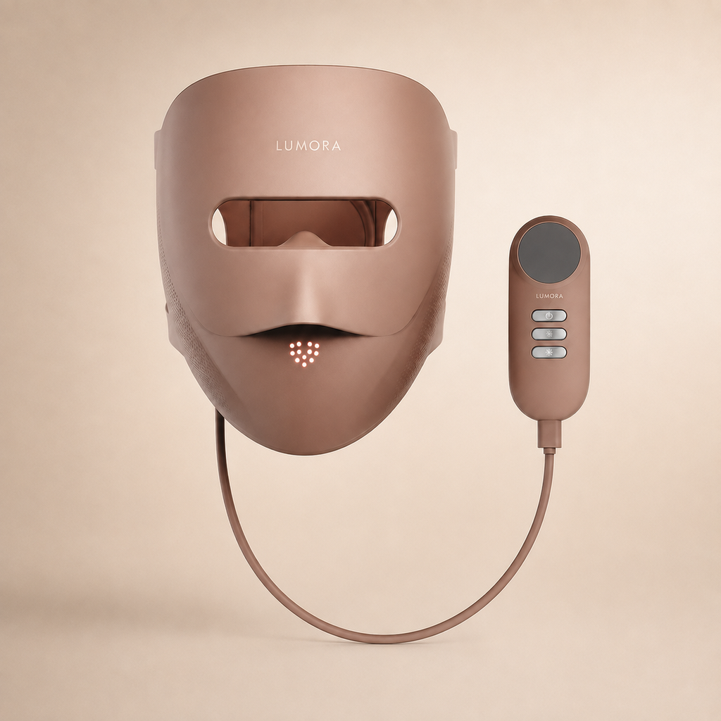LUMORA brown red light therapy mask with controller